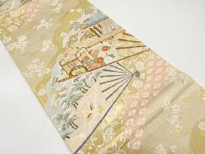 扇に屋敷風景・花古典柄模様織り出し　袋帯